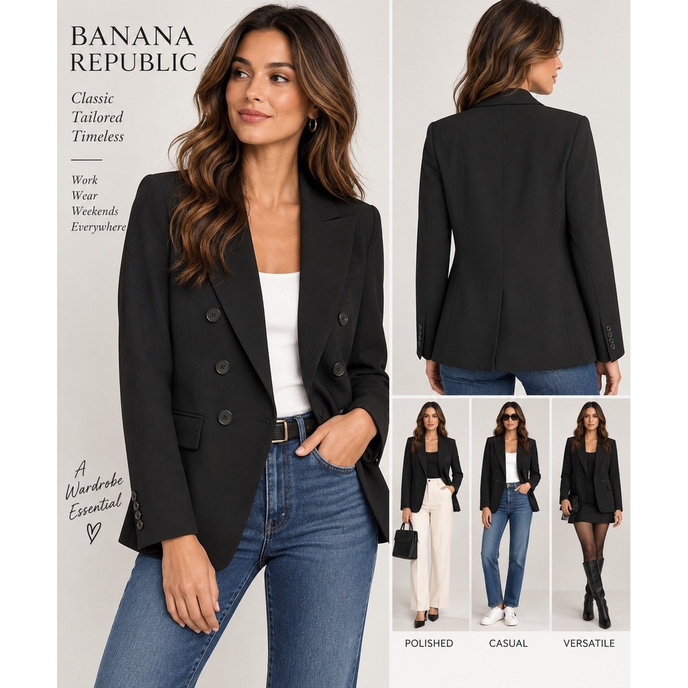 Banana Republic Double Breasted Blazer Women 8 Black Tailored Classic Workwear